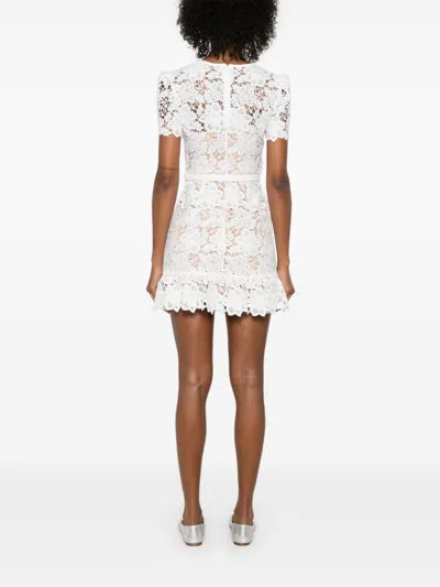 Self-portrait White Mini Dress With Jewel Buttons With Crystals And All-over Floral Lace Embroidery In Tehc Fabric