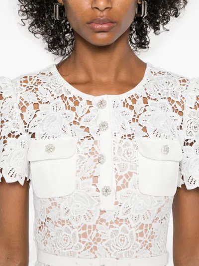 Self-portrait White Mini Dress With Jewel Buttons With Crystals And All-over Floral Lace Embroidery In Tehc Fabric