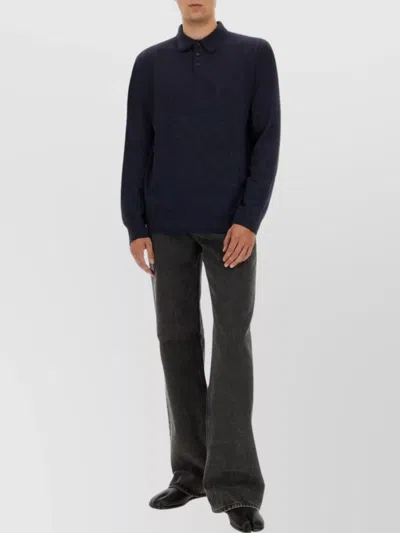 Maison Margiela Knitwear With Buttoned Collar And Elbow Patches In Blue