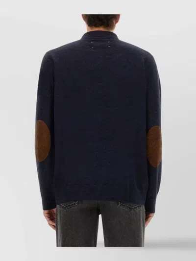 Maison Margiela Knitwear With Buttoned Collar And Elbow Patches In Blue
