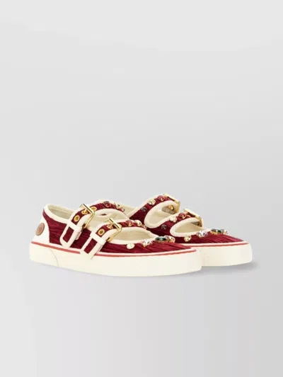 Valentino Embellished Double-buckled Sneakers In Red