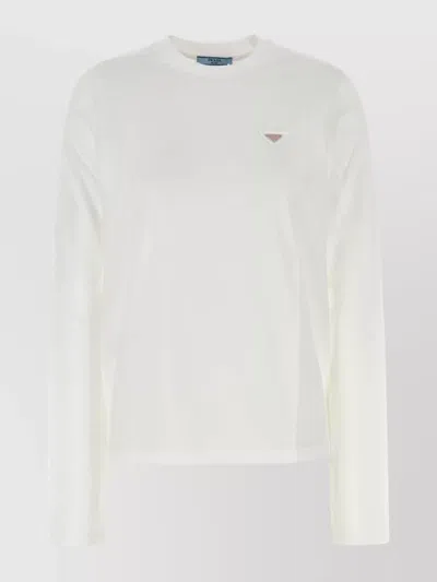 Prada Cotton Crew Neck T-shirt Long Sleeves In White