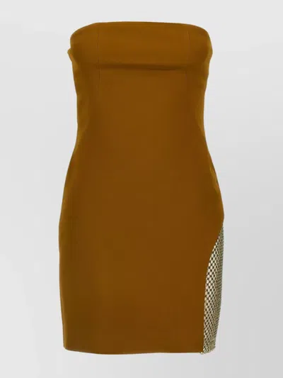 Attico Sequin Insert Strapless Fitted Dress With Side Mesh In Brown