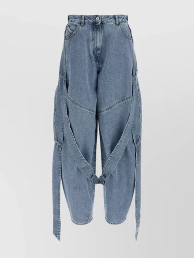 Attico Blue Jeans With Maxi Drawstring On The Front And Logo Patch On The Rear In Denim Woman In Blue