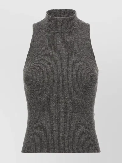 Brunello Cucinelli Sleeveless High Neckline Ribbed Top In Gray