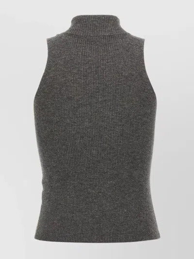 Brunello Cucinelli Sleeveless High Neckline Ribbed Top In Gray