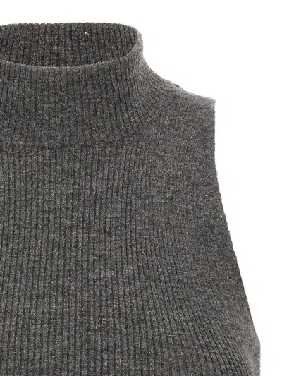 Brunello Cucinelli Sleeveless High Neckline Ribbed Top In Gray