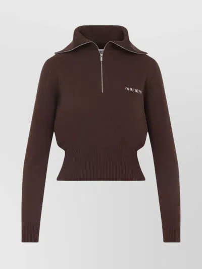 Miu Miu Logo Intarsia Half-zip Sweater In Brown