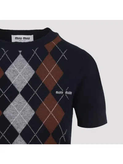 Miu Miu Cashmere Argyle Short-sleeve Sweater In Blue