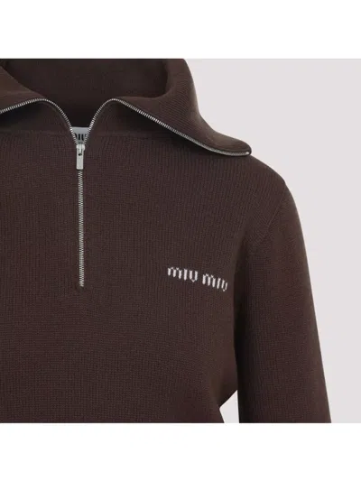 Miu Miu Logo Intarsia Half-zip Sweater In Brown