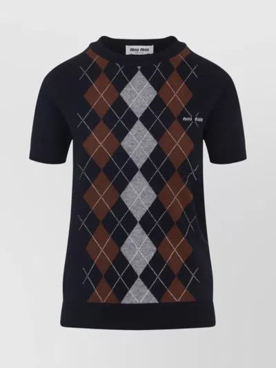 Miu Miu Cashmere Argyle Short-sleeve Sweater In Blue