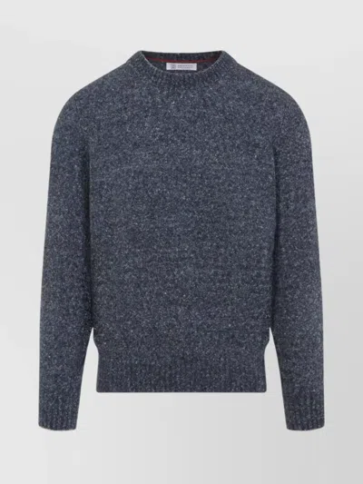 Brunello Cucinelli Blue Crewneck Sweater With A Melange Effect In Gray