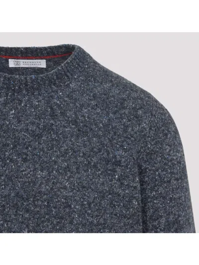 Brunello Cucinelli Blue Crewneck Sweater With A Melange Effect In Gray