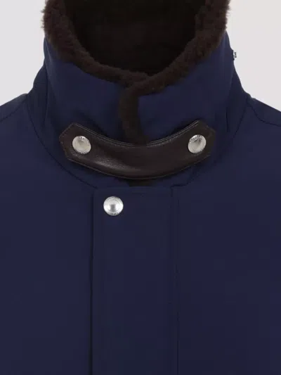 Brunello Cucinelli Tailored Feather Down Jacket With Sheepskin Collar In Blue