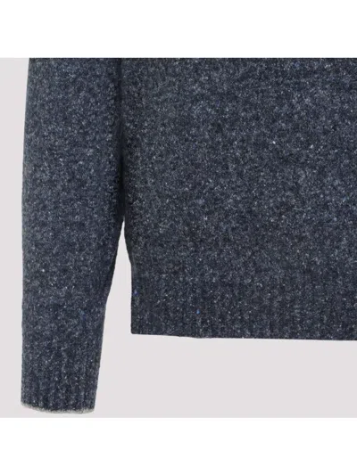 Brunello Cucinelli Blue Crewneck Sweater With A Melange Effect In Gray