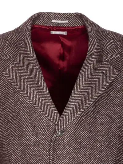 Brunello Cucinelli Chevron Motif Coat Logo Buttons In Brown