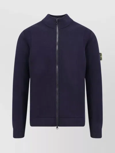 Stone Island Blue Cardigan With High Neck And Logo Patch On The Sleeve In Cotton Man