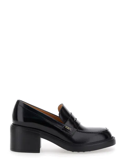 Tod's Leather Block Heel Loafers With Round Toe In Black