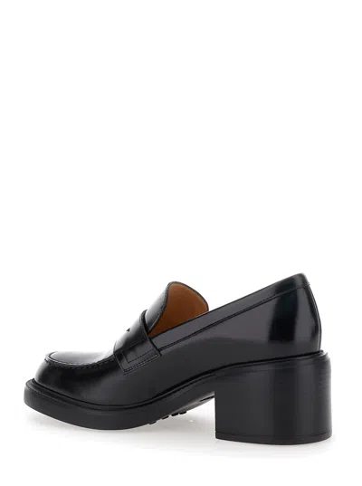Tod's Leather Block Heel Loafers With Round Toe In Black