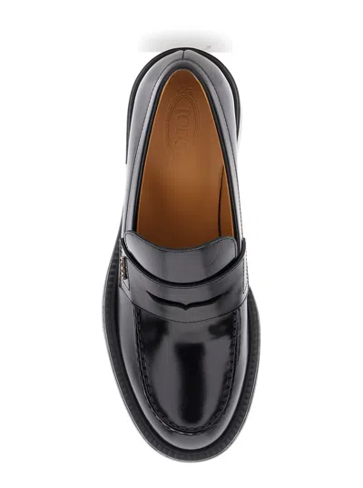 Tod's Leather Block Heel Loafers With Round Toe In Black