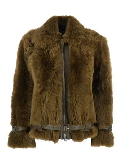 Tom Ford Women Brown Jacket With Adjustable Belt On The Waist In Fur Woman In Green