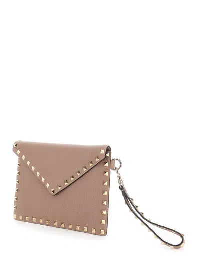 Valentino Garavani Women Medium Flat Pouch | Rockstud | Vitello Stampa Alce/platinum Studs