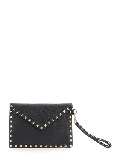 Valentino Garavani Women Medium Flat Pouch | Rockstud | Vitello Stampa Alce/platinum Studs