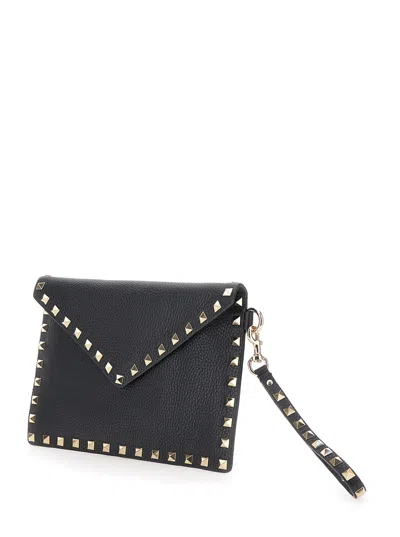 Valentino Garavani Women Medium Flat Pouch | Rockstud | Vitello Stampa Alce/platinum Studs