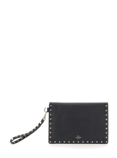Valentino Garavani Women Medium Flat Pouch | Rockstud | Vitello Stampa Alce/platinum Studs