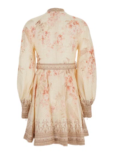 Zimmermann 'illuminate' Beige Mini Dress With Belted Waist And All-over Floral Print