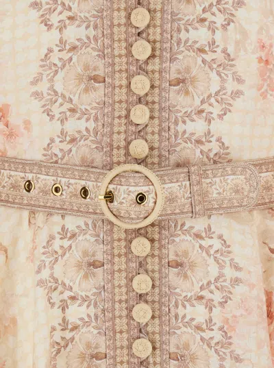 Zimmermann 'illuminate' Beige Mini Dress With Belted Waist And All-over Floral Print