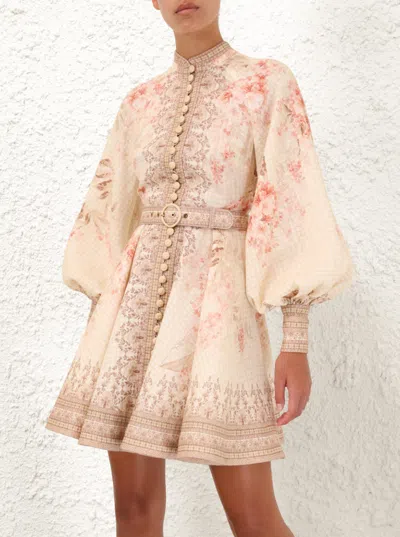 Zimmermann 'illuminate' Beige Mini Dress With Belted Waist And All-over Floral Print