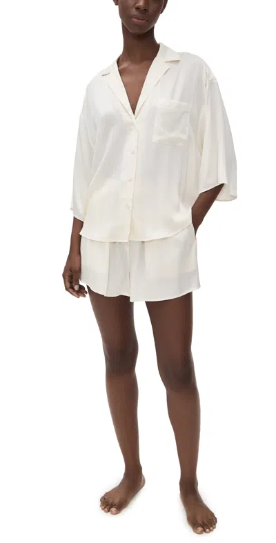 Lunya Washable Silk Relaxed Button Up Short Pj Set Tranquil White In White