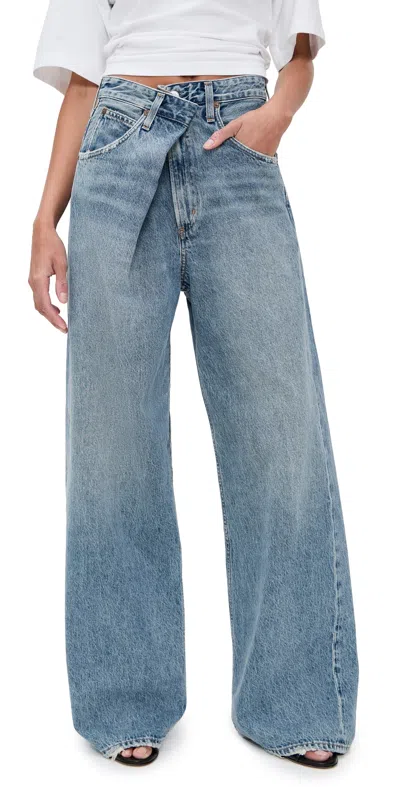 Agolde Wide Blue Vana Fold Jeans With Washed Effect In Blue