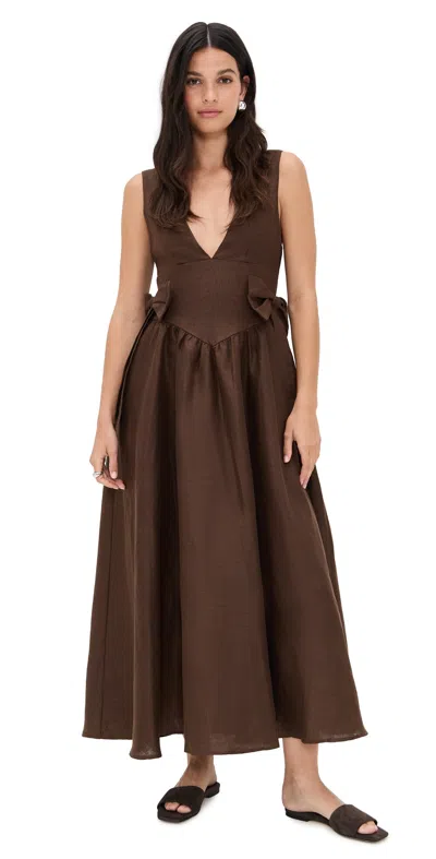 Vrg Grl Daphne Linen Midi Dress Chocolate In Brown