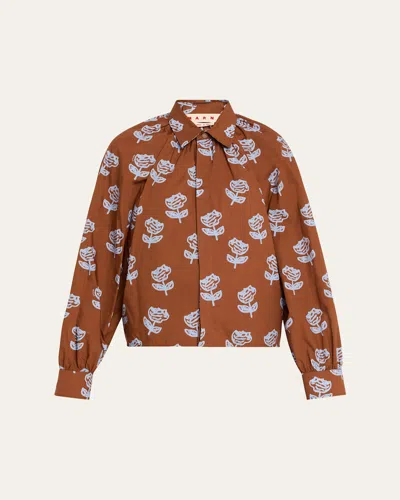 Marni Crop-print Long Sleeve Raglan Shirt In Brown