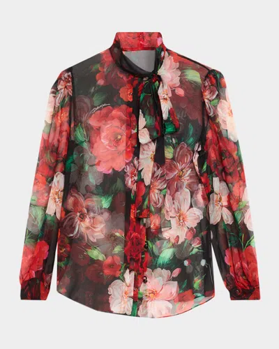 Dolce & Gabbana Shirt With Bow In Chiffon With Floral Print In Red