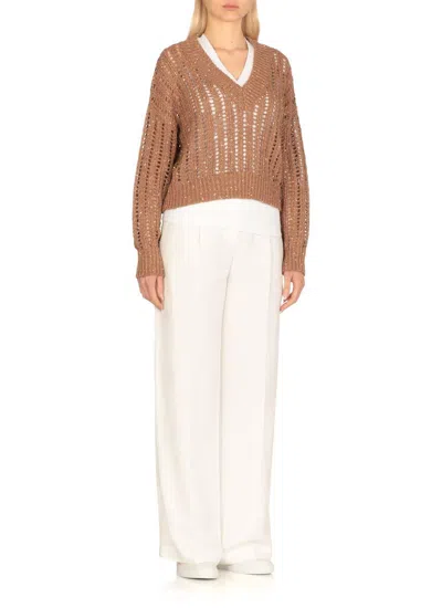 Brunello Cucinelli Brown Sweater With V-neck And Open Stitch In Linen And Silk Blend Woman In Brown