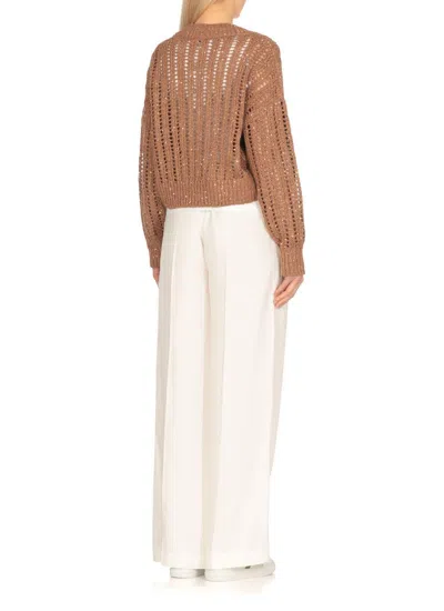 Brunello Cucinelli Brown Sweater With V-neck And Open Stitch In Linen And Silk Blend Woman In Brown