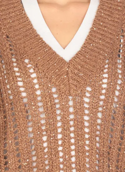 Brunello Cucinelli Brown Sweater With V-neck And Open Stitch In Linen And Silk Blend Woman In Brown