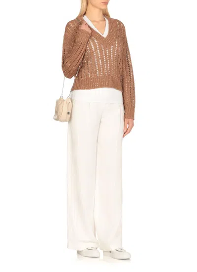 Brunello Cucinelli Brown Sweater With V-neck And Open Stitch In Linen And Silk Blend Woman In Brown
