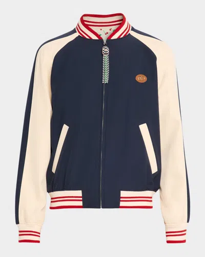 Valentino Sporty Bomber Jacket With Embroidered Details In Blue