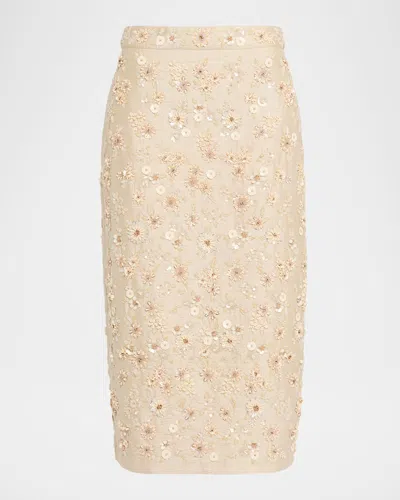 La Fuori Floral Embroidered Silk Midi Skirt In Neutral