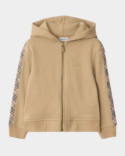 Burberry Boy's Clyde Check Tape Zip-front Hoodie In Neutral