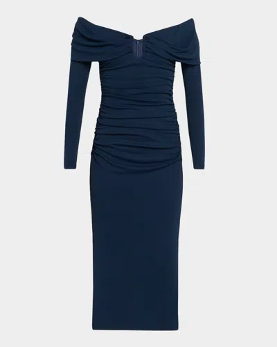 Carolina Herrera Off-the-shoulder Ruched Midi Dress In Blue