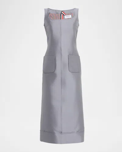 Thom Browne Calf Length Square Neck Column Dress In Wool Silk In Gray
