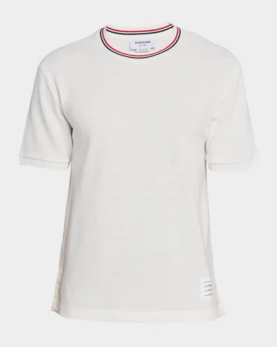 Thom Browne Men's Stripe-neck Trim Waffle Knit T-shirt