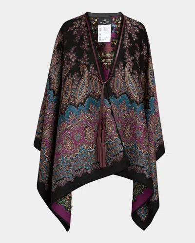 Etro Midnight Dream Lurex Cape With Leather Trim