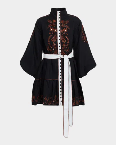 Palm Noosa Rosewood Embroidered Flounce Linen Mini Dress