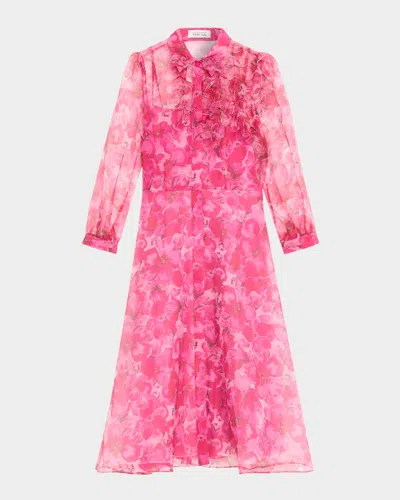Rickie Freeman For Teri Jon Floral-print Organza Midi Shirtdress In Pink